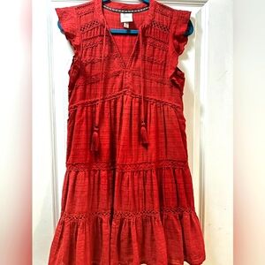 Knox Rose Red Western Flutter Cap Short Sleeve Above Knee Mini Tiered Boho Dress